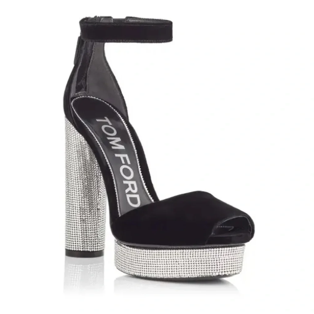 TOM FORD Black Velvet Crystal Holiday Platform Sandals 39
